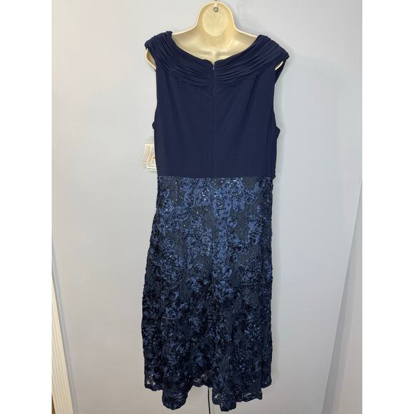 Alex Evenings Women's Plus Size Tea Length Dress with Rosette Detail Blue - Picture 3 of 16